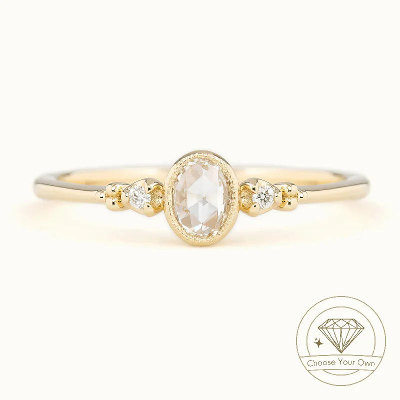 Cathedral - Style Women's Diamond Rings with a Raised Center Setting and Elaborate MetalworkEstel Bezel Ring, Oval Rose Cut Diamond Cathedral - Style Women's Diamond Rings with a Raised Center Setting and Elaborate MetalworkEstel Bezel Ring, Oval Rose Cut Diamond