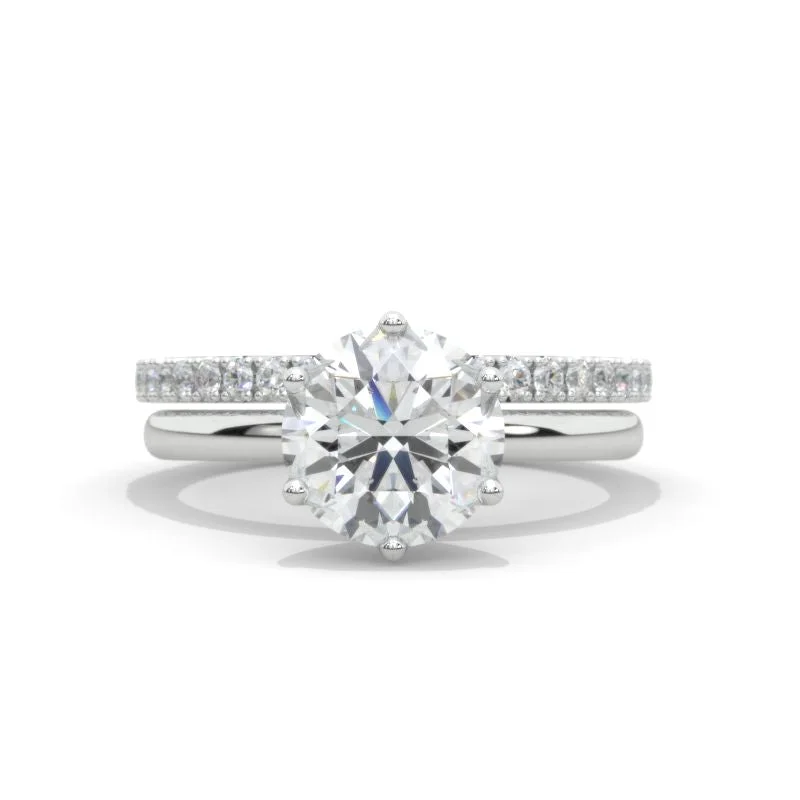 14K White Gold 2 Carat Round Moissanite Floral Engagement Ring, Eternity Ring Set