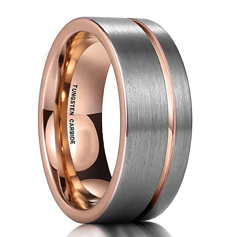 Women's Infinity Symbol Rings in Rose Gold for a Romantic TouchRose Gold Tungsten Band, Brush Center, Off Center Rose Gold Groove Ring - 8mm Women's Infinity Symbol Rings in Rose Gold for a Romantic TouchRose Gold Tungsten Band, Brush Center, Off Center Rose Gold Groove Ring - 8mm
