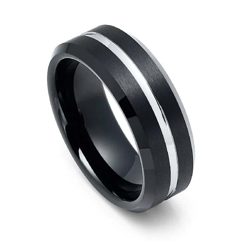 Silicone Women's Rings for a Comfortable and Durable Option8mm - Black Tungsten Wedding Band Brush Finish Silver Center Groove
