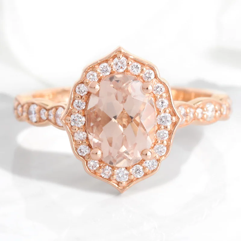 Men's Tanzanite Engagement Rings in Palladium with a Three - Stone ArrangementOval Morganite and Diamond Ring in Vintage Floral Scalloped Band Men's Tanzanite Engagement Rings in Palladium with a Three - Stone ArrangementOval Morganite and Diamond Ring in Vintage Floral Scalloped Band
