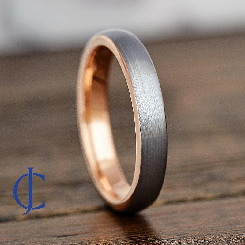 Minimalist Women's Rings with a Single Pearl in 14K Gold - Plated BandsAEGIS ROSE 4MM - Rose Gold and Silver Brushed Tungsten Ring Minimalist Women's Rings with a Single Pearl in 14K Gold - Plated BandsAEGIS ROSE 4MM - Rose Gold and Silver Brushed Tungsten Ring
