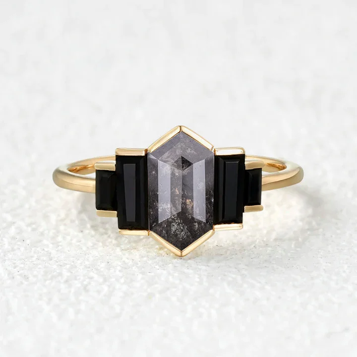 Cushion - Cut Women's Diamond Rings in Platinum with a Soft and Romantic AppearanceHexagon Salt and Pepper Diamonds & Black Moissanite Stacking Engagement Ring