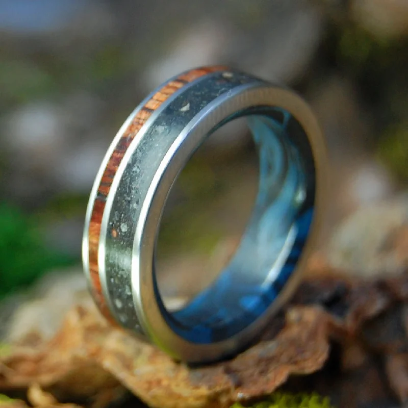 Men's meteorite - inlay rings for a cosmic touchWise Man Blue | Vik Beach Sand & Koa Wood, Blue Black Mokume Gane Titanium Wedding Ring Men's meteorite - inlay rings for a cosmic touchWise Man Blue | Vik Beach Sand & Koa Wood, Blue Black Mokume Gane Titanium Wedding Ring