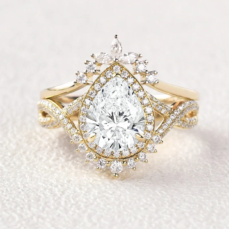 Art Deco - Inspired Women's Diamond Rings with Geometric Designs and Baguette - Cut Diamonds2.0ct Pear Shaped Lab Grown Diamond Infinity Gold Ring Set 2pcs Art Deco - Inspired Women's Diamond Rings with Geometric Designs and Baguette - Cut Diamonds2.0ct Pear Shaped Lab Grown Diamond Infinity Gold Ring Set 2pcs