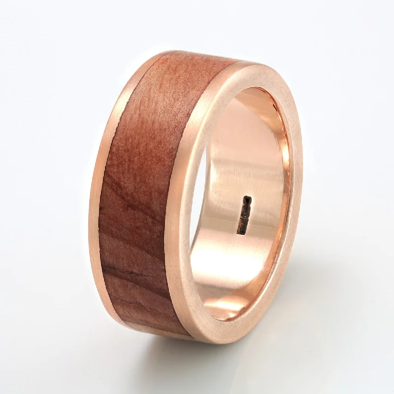 Men's adjustable - size rings for a perfect fit9ct Rose Gold Ring 8mm Flat with Wood Inlay Men's adjustable - size rings for a perfect fit9ct Rose Gold Ring 8mm Flat with Wood Inlay