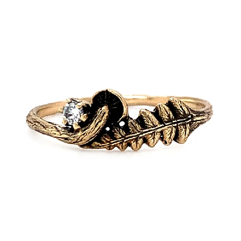 Cathedral - Style Women's Diamond Rings with a Raised Center Setting and Elaborate Metalwork14K Yellow Gold & Diamond Ring - "Mushroom and Fern" Cathedral - Style Women's Diamond Rings with a Raised Center Setting and Elaborate Metalwork14K Yellow Gold & Diamond Ring - "Mushroom and Fern"