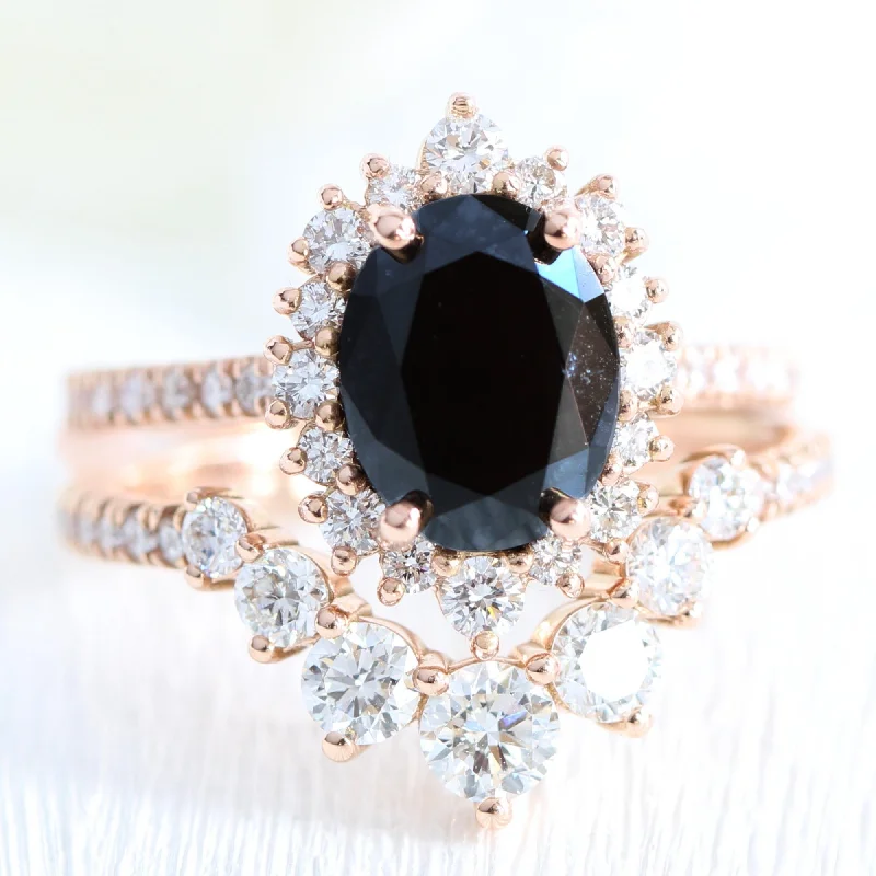Pear - Shaped Women's Diamond Rings in Yellow Gold with a Single - Diamond Pendant Look3.2 Ct Oval Black Diamond Ring Set w/ Matching Curved Band in Tiara Halo Pear - Shaped Women's Diamond Rings in Yellow Gold with a Single - Diamond Pendant Look3.2 Ct Oval Black Diamond Ring Set w/ Matching Curved Band in Tiara Halo
