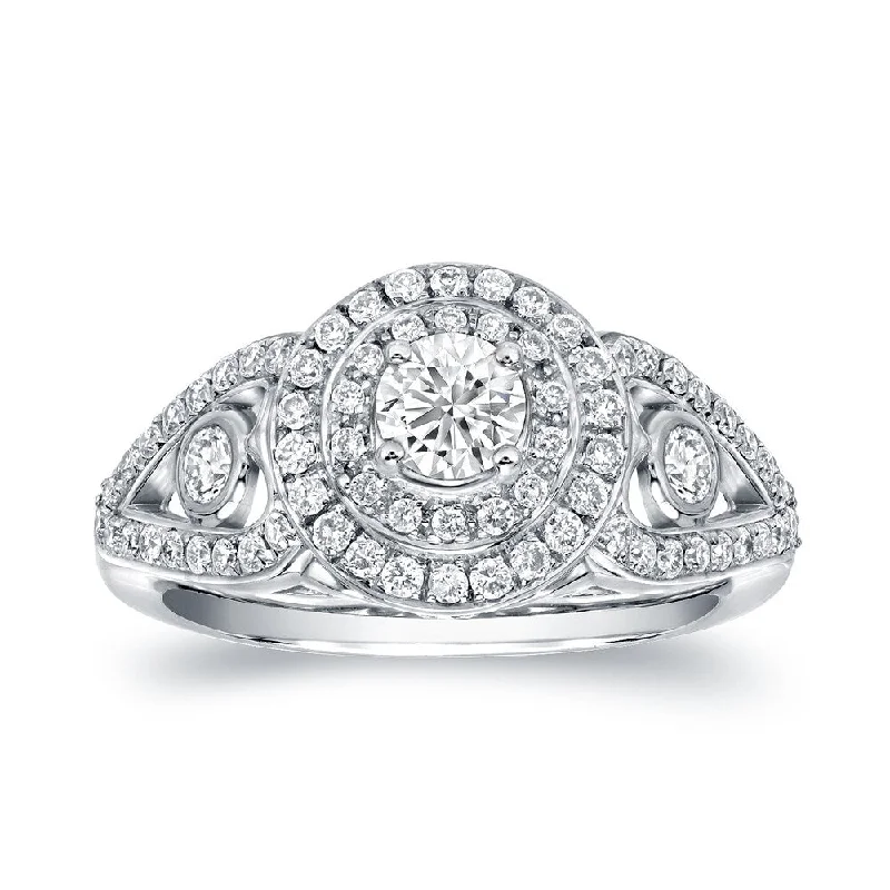 Art Deco - Inspired Women's Diamond Rings with Geometric Designs and Baguette - Cut DiamondsAuriya Fancy 1 1/10ct TDW Round Halo Diamond Engagement Ring 14k White Gold Art Deco - Inspired Women's Diamond Rings with Geometric Designs and Baguette - Cut DiamondsAuriya Fancy 1 1/10ct TDW Round Halo Diamond Engagement Ring 14k White Gold
