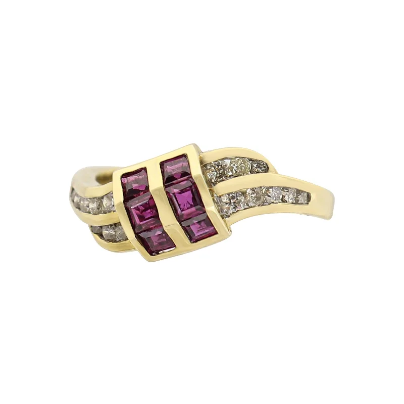 Enamel - Coated Women's Rings in Bright, Bold Colors9 kt Yellow Gold Ruby and Diamond Swirl Buckle Ring