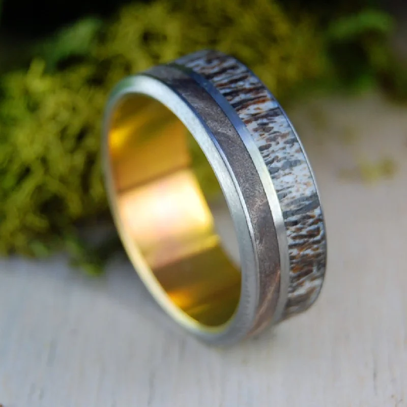 Men's stainless - steel promise rings with a matte finishSunset Sugar Shack | Men's Moose Antler, Dark Maple & Titanium Wedding Ring