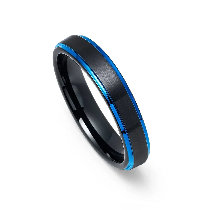Boho - Style Women's Rings with Turquoise and Leather Accents4mm - Tungsten Wedding Band Brushed Black & Blue Stepped Edges Boho - Style Women's Rings with Turquoise and Leather Accents4mm - Tungsten Wedding Band Brushed Black & Blue Stepped Edges