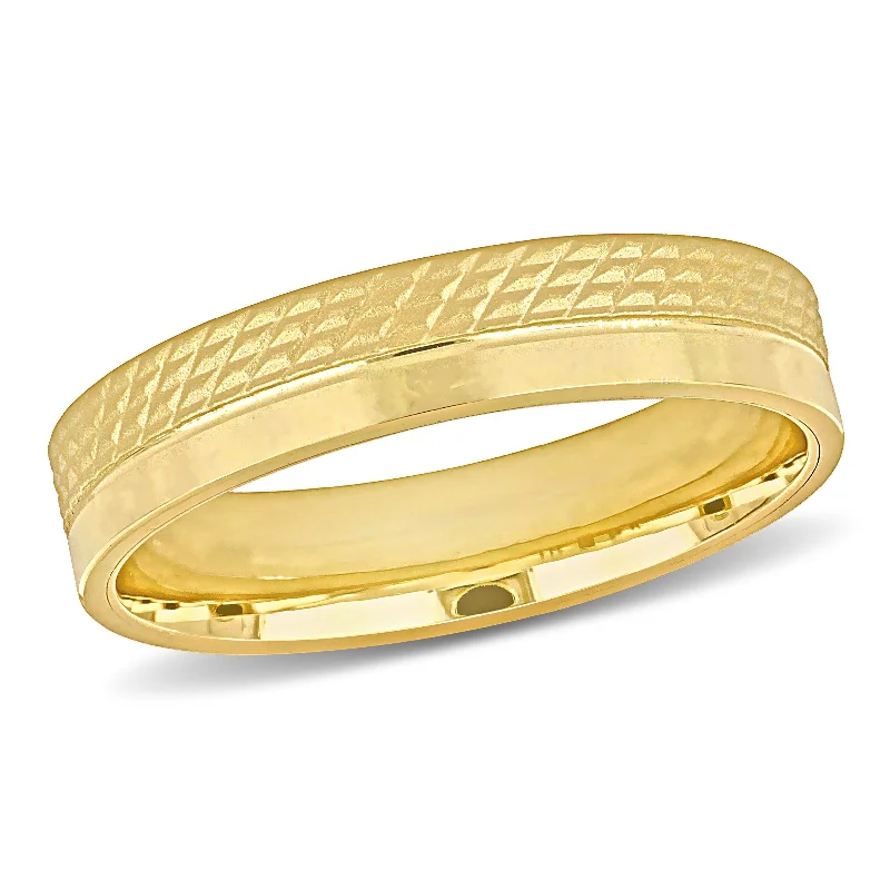 Men's Viking - inspired rings with ancient symbolsMiadora 5 mm Mens Half Geometric Pattern Wedding Band in 14k Yellow Gold Men's Viking - inspired rings with ancient symbolsMiadora 5 mm Mens Half Geometric Pattern Wedding Band in 14k Yellow Gold