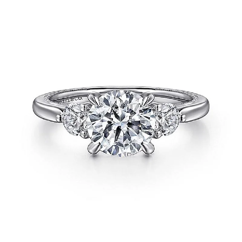 Cushion - Cut Women's Diamond Rings in Platinum with a Soft and Romantic Appearance14K White Gold 'Abbi' Round Three Stone Diamond Engagement Ring Cushion - Cut Women's Diamond Rings in Platinum with a Soft and Romantic Appearance14K White Gold 'Abbi' Round Three Stone Diamond Engagement Ring
