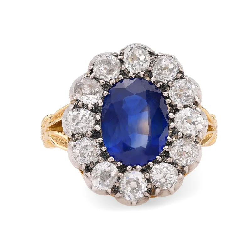 Antique French GIA 3.50 carat sapphire diamond 18k yellow gold silver ring