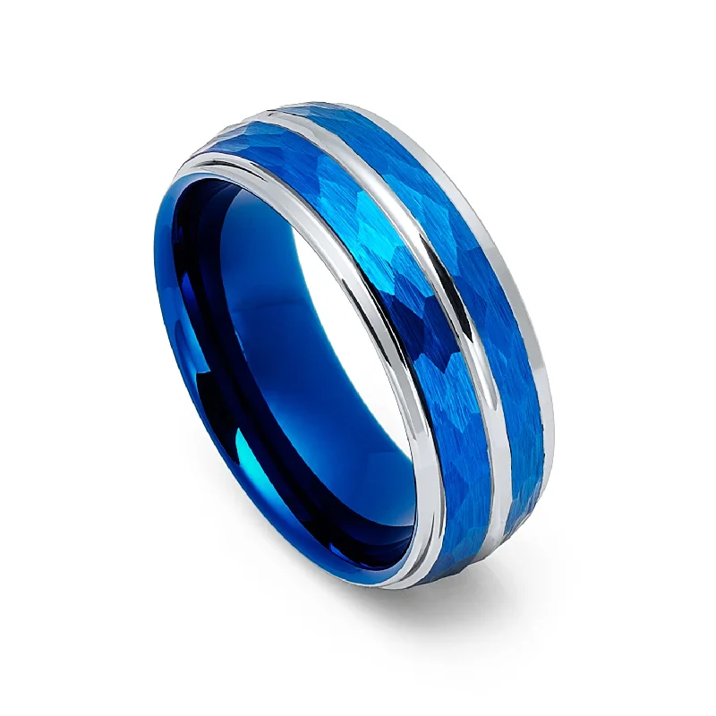 Statement - Making Cocktail Rings for Women with Large Cubic Zirconia8mm Blue & Silver Tungsten Carbide Wedding Ring Hammered Finish Statement - Making Cocktail Rings for Women with Large Cubic Zirconia8mm Blue & Silver Tungsten Carbide Wedding Ring Hammered Finish