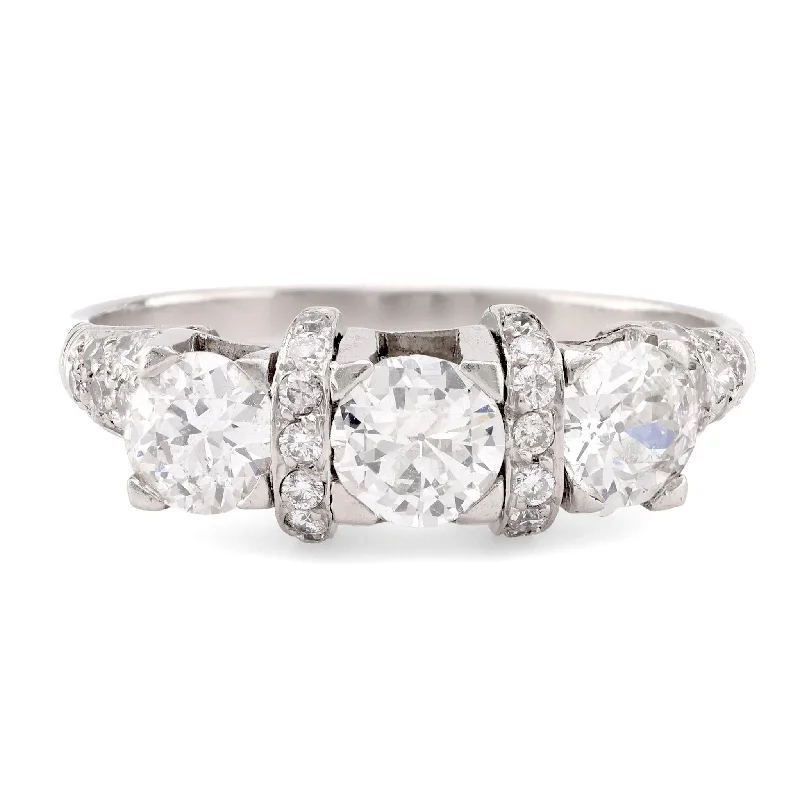 Art Deco Style Diamond Platinum Three Stone Ring
