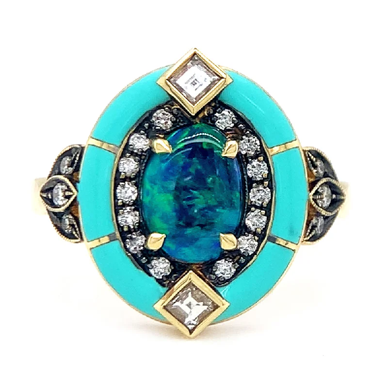 Channel - Set Women's Diamond Rings with Diamonds Securely Held in a Metal Groove for DurabilityFreeform Opal, Diamond & Enamel Ring - "Mother Earth" Channel - Set Women's Diamond Rings with Diamonds Securely Held in a Metal Groove for DurabilityFreeform Opal, Diamond & Enamel Ring - "Mother Earth"