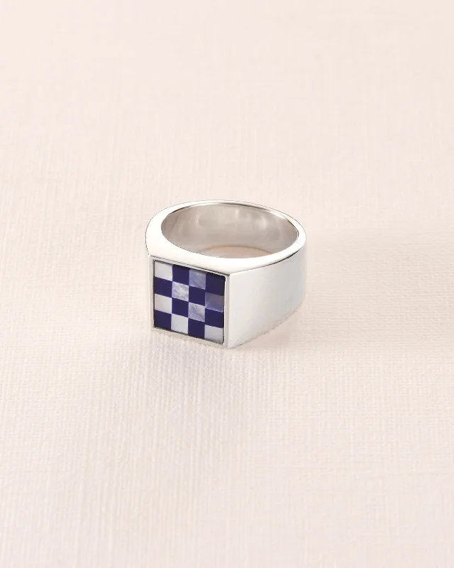 Men's oxidized silver rings for an antique lookChessboard mosaic signet ring
