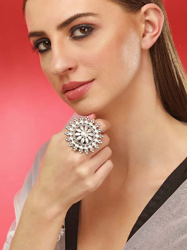 Tennis - Style Women's Rings with a Row of Round Diamonds in PlatinumRubans Silver Oxidised Intricately Handcrafted Ring With Beautiful Design Tennis - Style Women's Rings with a Row of Round Diamonds in PlatinumRubans Silver Oxidised Intricately Handcrafted Ring With Beautiful Design