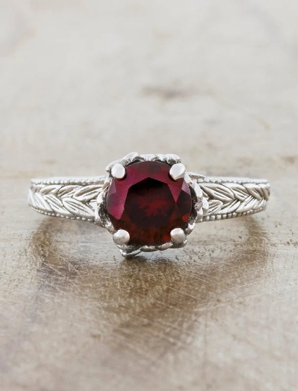 Men's Garnet Engagement Rings in 18K Gold Vermeil with Intricate Engraved DetailsFern Men's Garnet Engagement Rings in 18K Gold Vermeil with Intricate Engraved DetailsFern