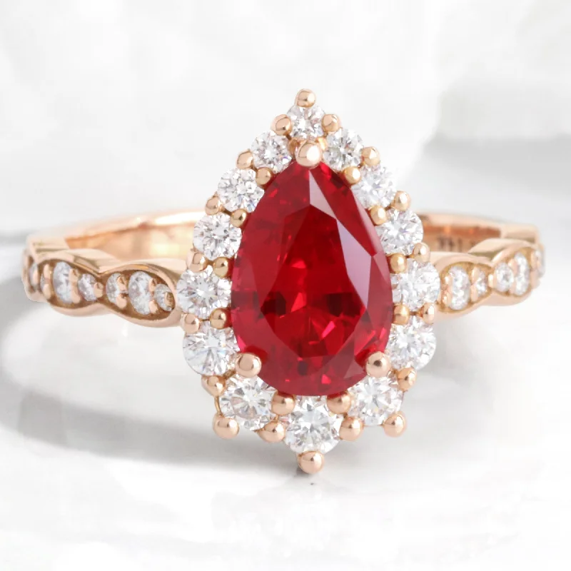 Men's Aquamarine Engagement Rings in 9K Gold with a Bezel - Set StoneLarge Pear Ruby Engagement Ring in Tiara Halo Diamond Scalloped Band Men's Aquamarine Engagement Rings in 9K Gold with a Bezel - Set StoneLarge Pear Ruby Engagement Ring in Tiara Halo Diamond Scalloped Band