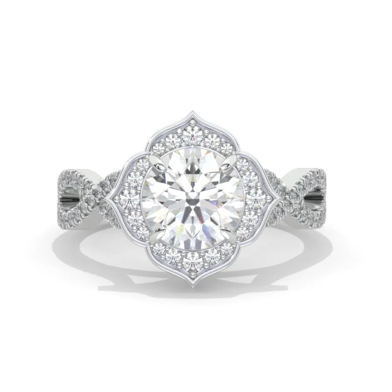 2 Carat Round Moissanite Floral Halo Twisted Shank Engagement Ring