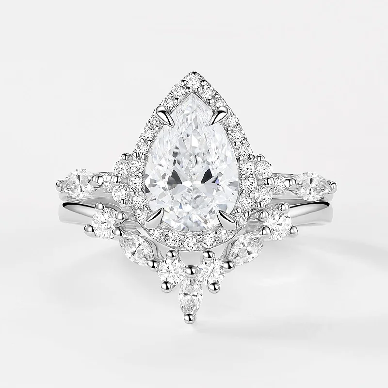Cathedral - Style Women's Diamond Rings with a Raised Center Setting and Elaborate Metalwork1.0ct Pear Cut Lab Grown Diamond Halo Ring Set 2pcs Cathedral - Style Women's Diamond Rings with a Raised Center Setting and Elaborate Metalwork1.0ct Pear Cut Lab Grown Diamond Halo Ring Set 2pcs