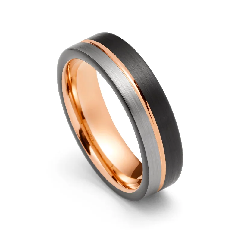 Art Deco - Inspired Women's Rings with Geometric Shapes in 14K GoldMens Tungsten Wedding Band, Black Brush With Rose Gold inside Inlay, Off Center Rose Gold Groove - 6mm Art Deco - Inspired Women's Rings with Geometric Shapes in 14K GoldMens Tungsten Wedding Band, Black Brush With Rose Gold inside Inlay, Off Center Rose Gold Groove - 6mm