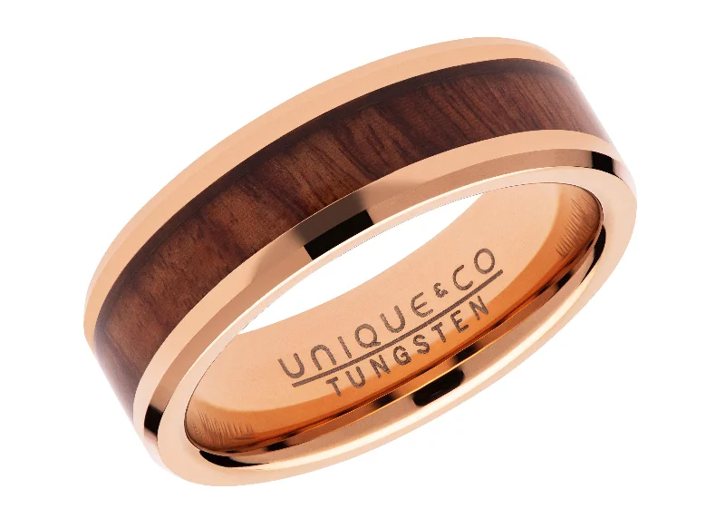 Men's lightweight rings for all - day comfortUnique & Co 7mm Tungsten Carbide Ring with Wood Inlay and IP Rose Plating Men's lightweight rings for all - day comfortUnique & Co 7mm Tungsten Carbide Ring with Wood Inlay and IP Rose Plating