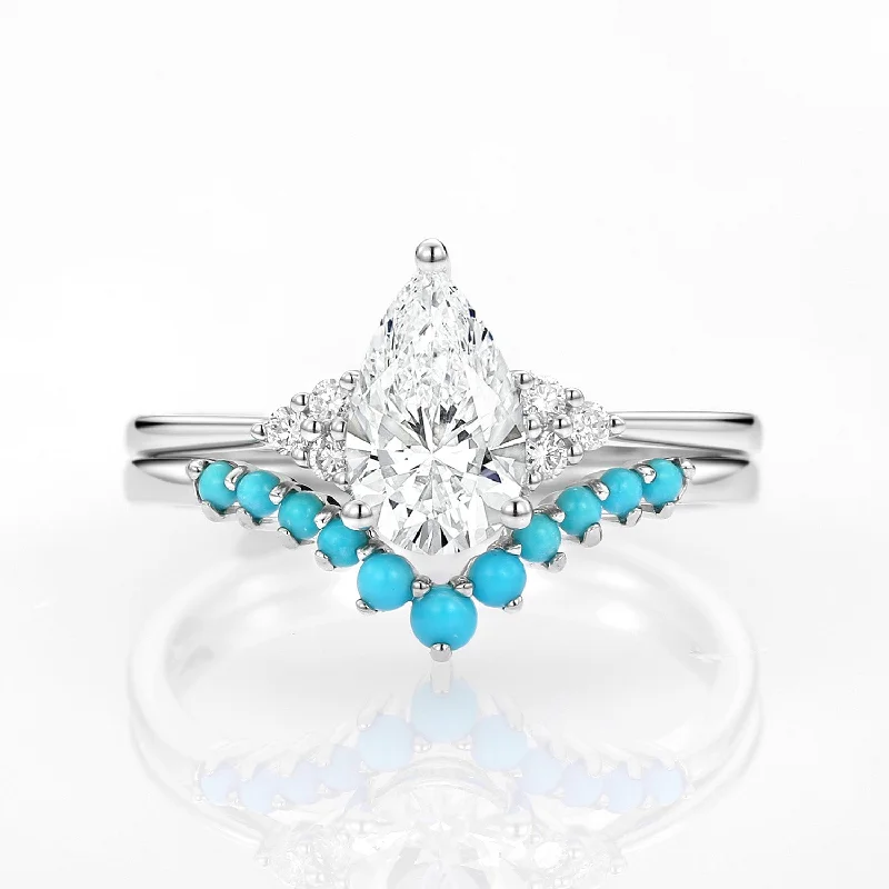 Cushion - Cut Women's Diamond Rings in Platinum with a Soft and Romantic Appearance1.0ct Pear Lab Grown Diamond Classic Turquoise Ring Set 2pcs Cushion - Cut Women's Diamond Rings in Platinum with a Soft and Romantic Appearance1.0ct Pear Lab Grown Diamond Classic Turquoise Ring Set 2pcs