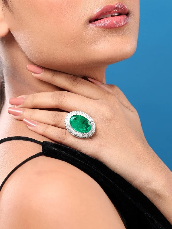 Vintage - Inspired Filigree - Design Women's Rings in Sterling SilverRubans Rhodium Plated Zircons & Emerald Stone Studded Statement Ring Vintage - Inspired Filigree - Design Women's Rings in Sterling SilverRubans Rhodium Plated Zircons & Emerald Stone Studded Statement Ring