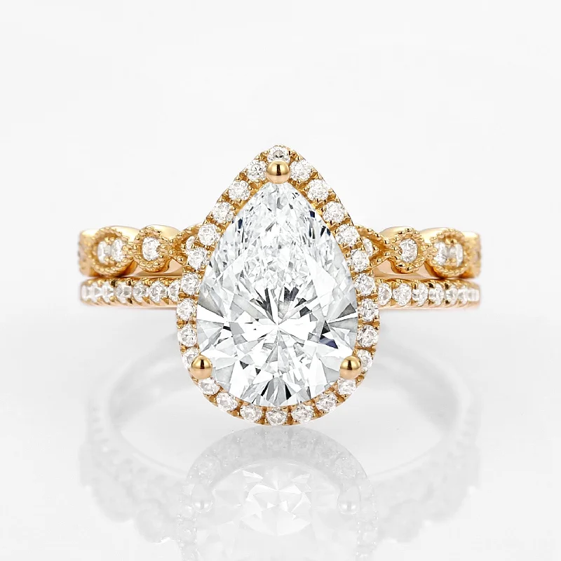 Art Deco - Inspired Women's Diamond Rings with Geometric Designs and Baguette - Cut Diamonds2.0ct Vintage Halo Pear Lab Grown Diamond Ring Set 2pcs Art Deco - Inspired Women's Diamond Rings with Geometric Designs and Baguette - Cut Diamonds2.0ct Vintage Halo Pear Lab Grown Diamond Ring Set 2pcs