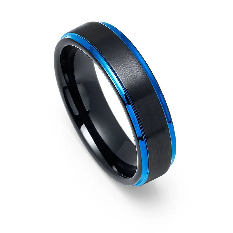 Diamond - Encrusted Women's Rings for Special Occasions in 18K Gold6mm - Tungsten Wedding Band Brushed Black & Blue Stepped Edges Diamond - Encrusted Women's Rings for Special Occasions in 18K Gold6mm - Tungsten Wedding Band Brushed Black & Blue Stepped Edges