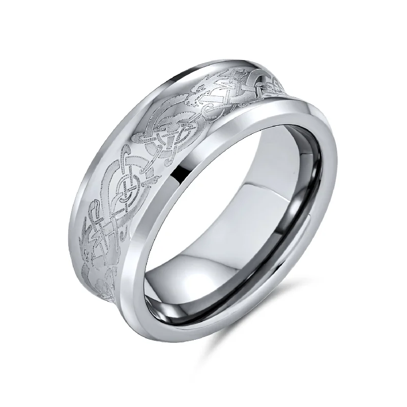 Men's glow - in - the - dark rings for a fun effectSilver Celtic Knot Dragon Inlay Tungsten Wedding Band Ring for Men Comfort Fit Men's glow - in - the - dark rings for a fun effectSilver Celtic Knot Dragon Inlay Tungsten Wedding Band Ring for Men Comfort Fit