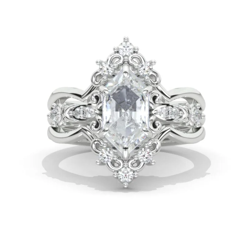 3 Carat Hexagon Moissanite Cluster Halo 14K White Gold Engagement Ring Set