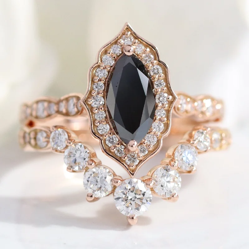 Women's Diamond Rings with Opal Inlays and Diamond Accents for a Mysterious and Iridescent LookVintage Floral Marquise Black Diamond Stack w/ Large 7 Diamond Curved Scalloped Band Women's Diamond Rings with Opal Inlays and Diamond Accents for a Mysterious and Iridescent LookVintage Floral Marquise Black Diamond Stack w/ Large 7 Diamond Curved Scalloped Band