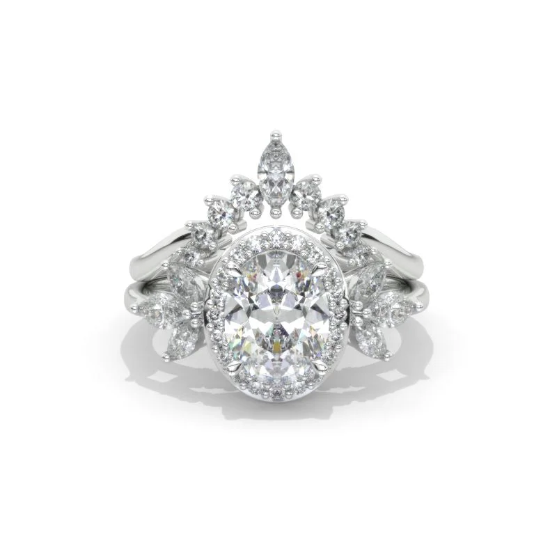 2 Carat Oval Moissanite Halo 14K White Gold Engagement Ring Set