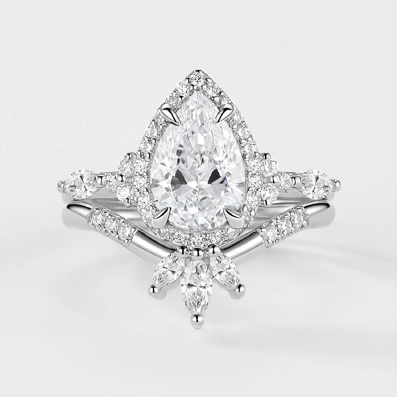 Art Deco - Inspired Women's Diamond Rings with Geometric Designs and Baguette - Cut DiamondsPear Shaped Lab Grown Diamond Halo Ring Set 2pcs Art Deco - Inspired Women's Diamond Rings with Geometric Designs and Baguette - Cut DiamondsPear Shaped Lab Grown Diamond Halo Ring Set 2pcs