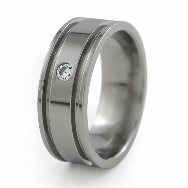 Men's tungsten carbide rings with a brushed textureAbyss | Single Inset Gemstone Titanium Ring