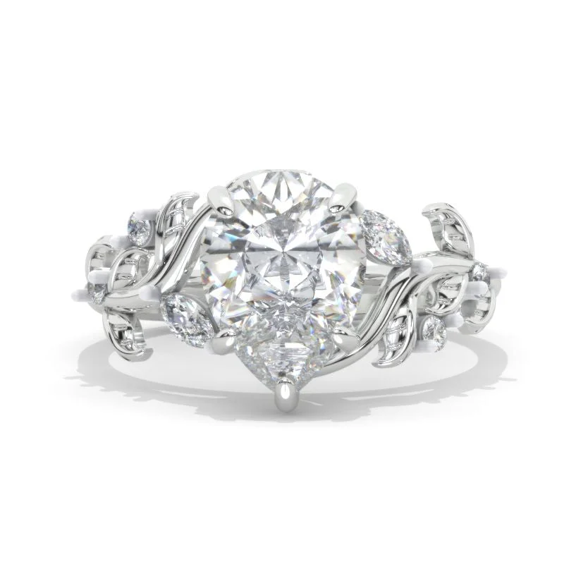 3 Carat Pear Moissanite Halo Floral Engagement Ring 14K White Gold Ring