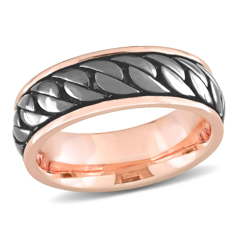 Men's tungsten carbide rings with a brushed textureMiadora Ribbed Design Mens Ring in Rose Silver with Black Rhodium Plating Men's tungsten carbide rings with a brushed textureMiadora Ribbed Design Mens Ring in Rose Silver with Black Rhodium Plating
