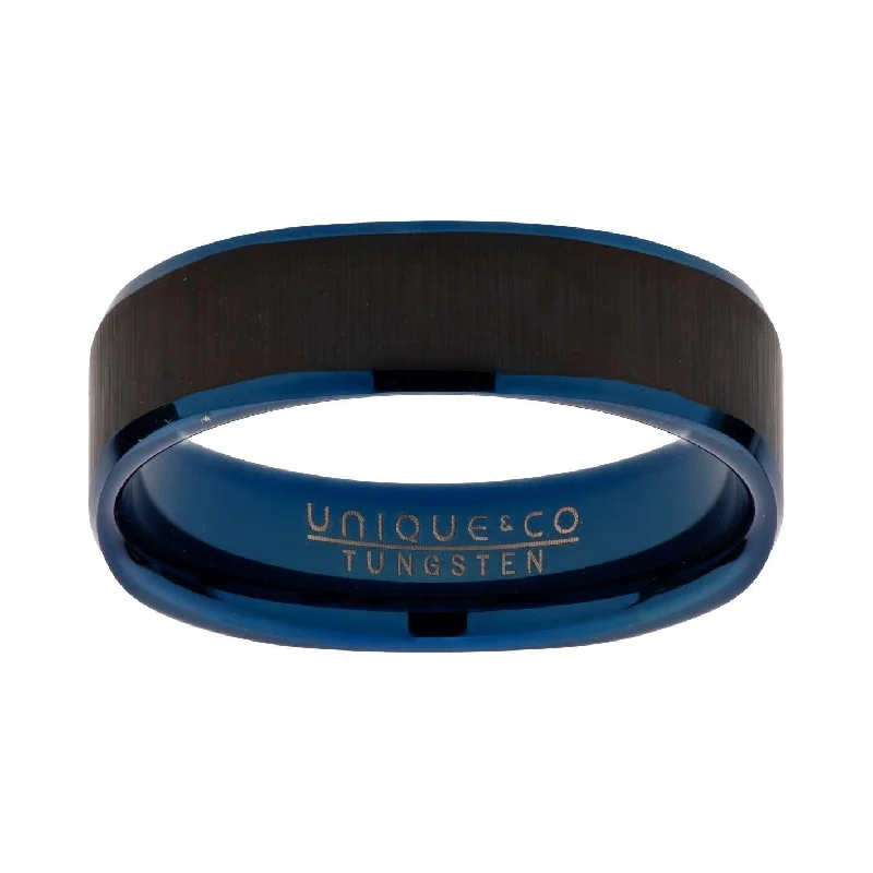 Men's music - note rings for musiciansUnique & Co 6mm Blue and Black IP Tungsten Square Profile Ring