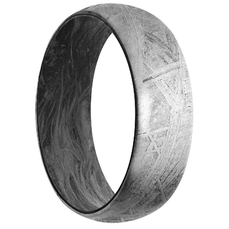 Men's tungsten carbide rings with a brushed textureMeteorite + None Finish + Forged Carbon Fiber Men's tungsten carbide rings with a brushed textureMeteorite + None Finish + Forged Carbon Fiber