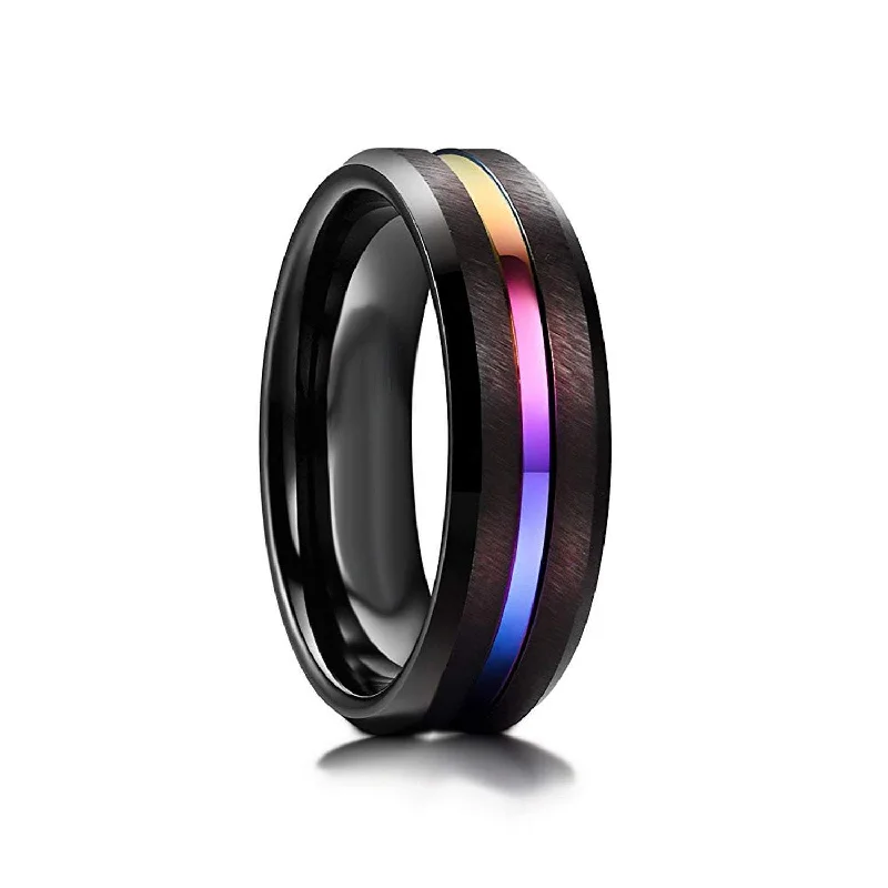 Enamel - Coated Women's Rings in Bright, Bold Colors7mm Black Tungsten Carbide Wedding Ring with Rainbow Groove Enamel - Coated Women's Rings in Bright, Bold Colors7mm Black Tungsten Carbide Wedding Ring with Rainbow Groove