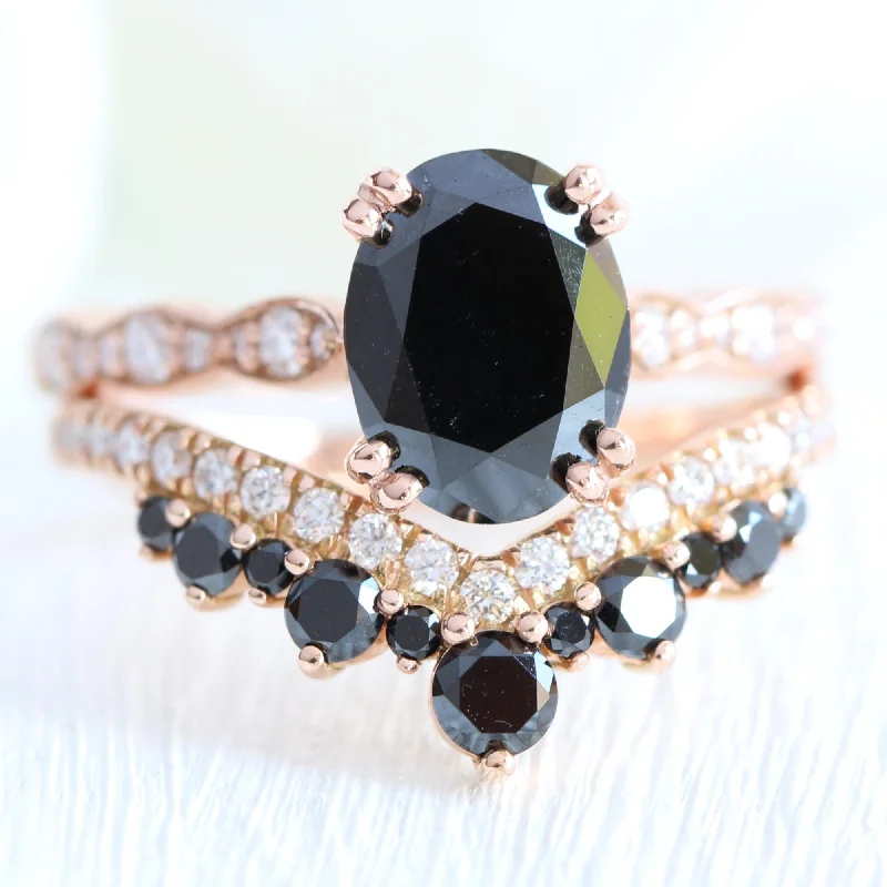 Channel - Set Women's Diamond Rings with Diamonds Securely Held in a Metal Groove for DurabilityGrace Solitaire Black Diamond Ring Set w/ Large Tiara Diamond Wedding Band Channel - Set Women's Diamond Rings with Diamonds Securely Held in a Metal Groove for DurabilityGrace Solitaire Black Diamond Ring Set w/ Large Tiara Diamond Wedding Band