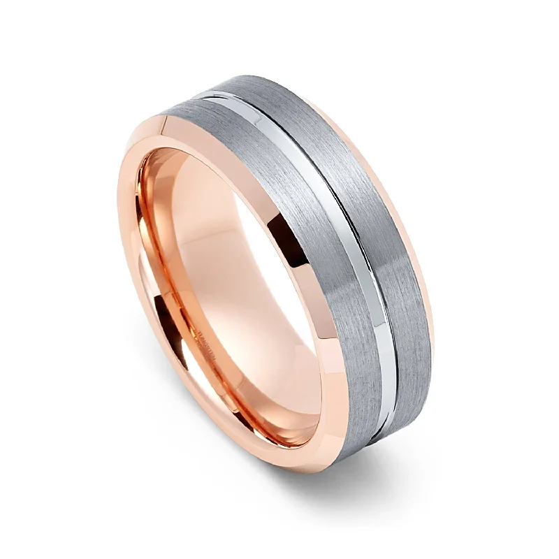Magnetic Clasp Women's Rings for Easy Wearing and RemovalMens Tungsten Rose Gold Wedding Band, Brushed Center Grooved Ring, Beveled Edges, Man Ring, Womens Ring- 8mm Magnetic Clasp Women's Rings for Easy Wearing and RemovalMens Tungsten Rose Gold Wedding Band, Brushed Center Grooved Ring, Beveled Edges, Man Ring, Womens Ring- 8mm
