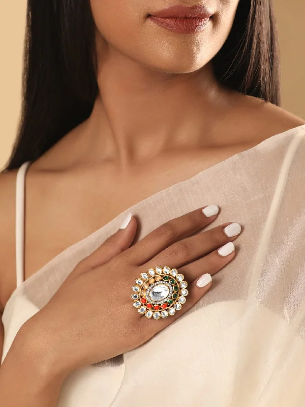 Women's 18K Gold Solitaire Diamond Ring for an Elegant Everyday LookRubans Gold Plated Kundan & Multicolour Gem Zirconia Ring Women's 18K Gold Solitaire Diamond Ring for an Elegant Everyday LookRubans Gold Plated Kundan & Multicolour Gem Zirconia Ring