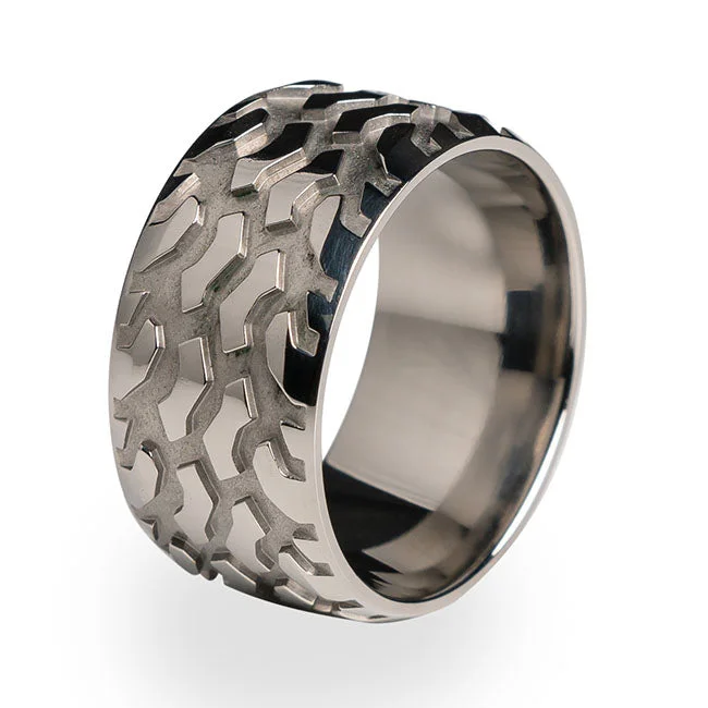 Men's opal - featured rings with iridescent colorsBig Bogger Tire Tread Titanium Ring Men's opal - featured rings with iridescent colorsBig Bogger Tire Tread Titanium Ring