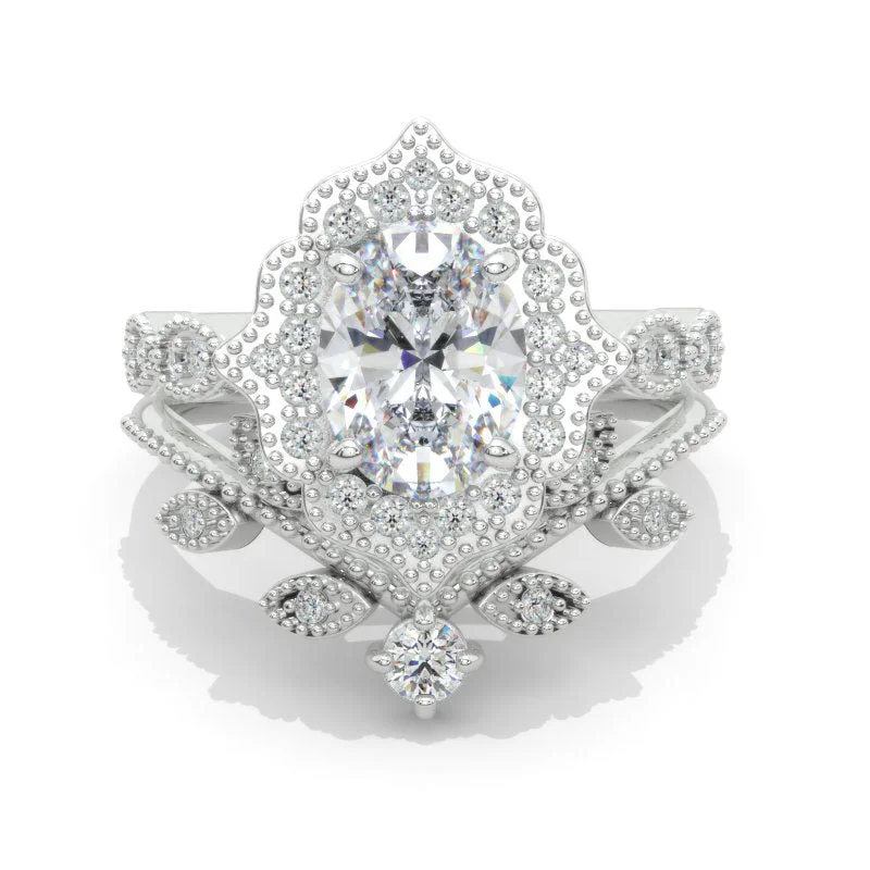 14K White Gold 1.9 Carat Oval Moissanite Halo Engagement Ring, Eternity Ring Set